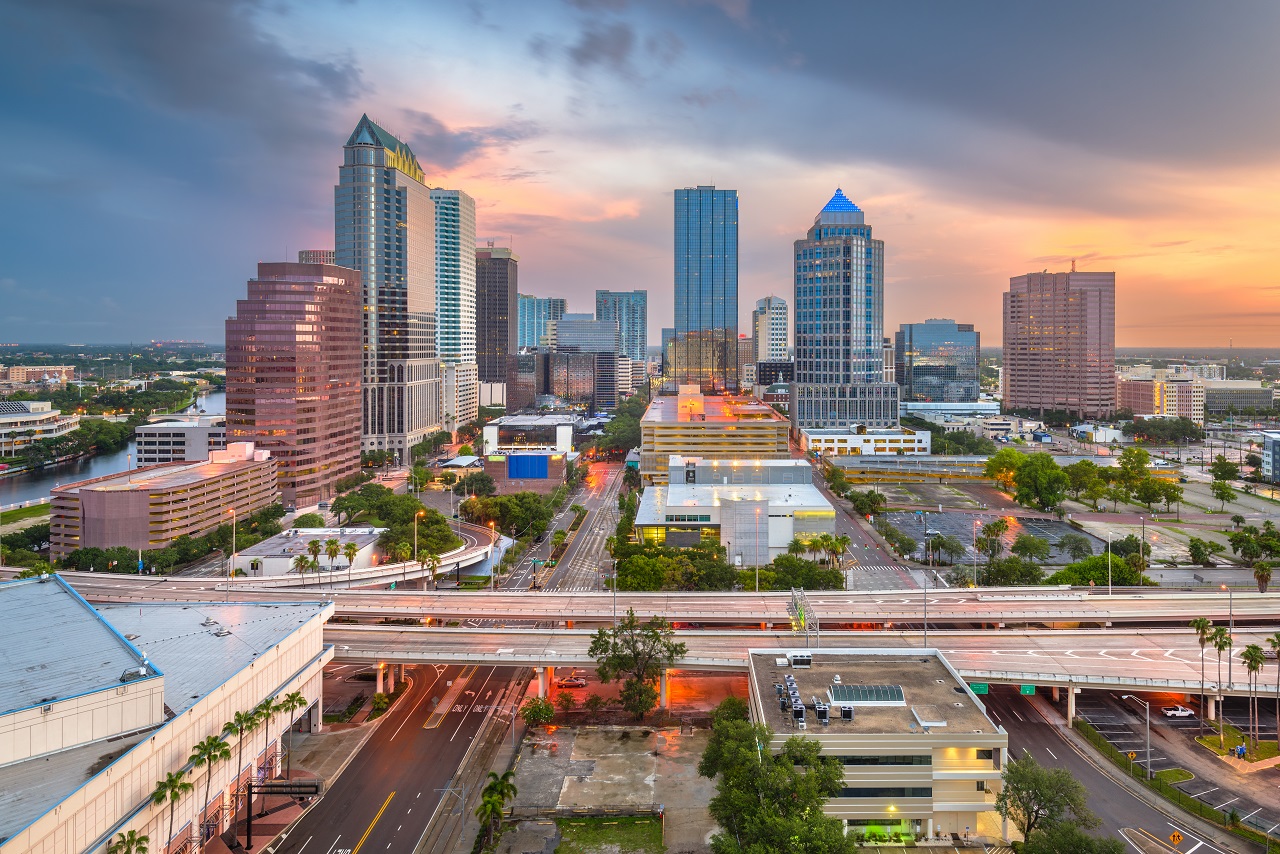 Tampa, Florida, USA aerial downtown skyline at dusk.